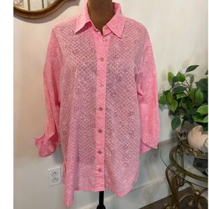 Koret Pink Eyelet Button Down Long‎ Sleeve Shirt Size M